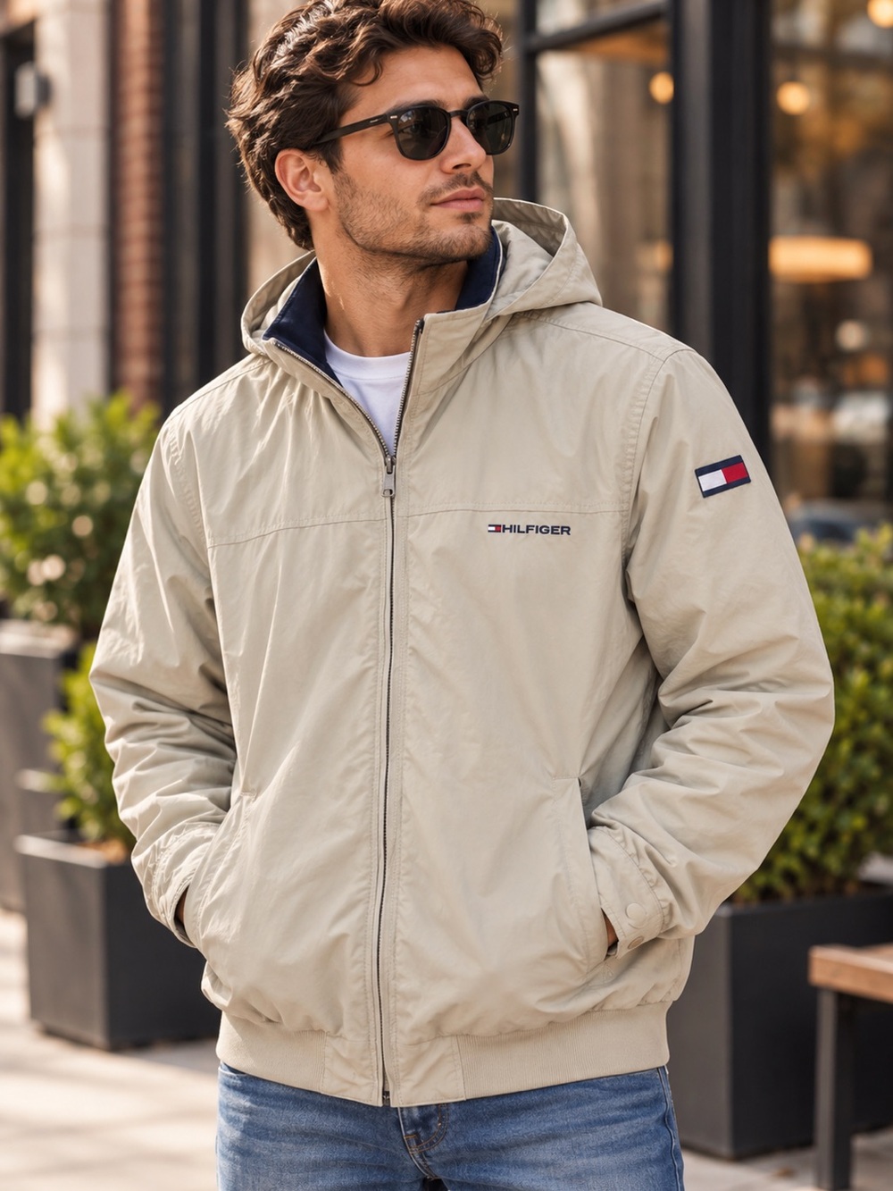 Tommy Hilfiger Beige Hooded Windbreaker Jacket XL Mesh Lined Vintage